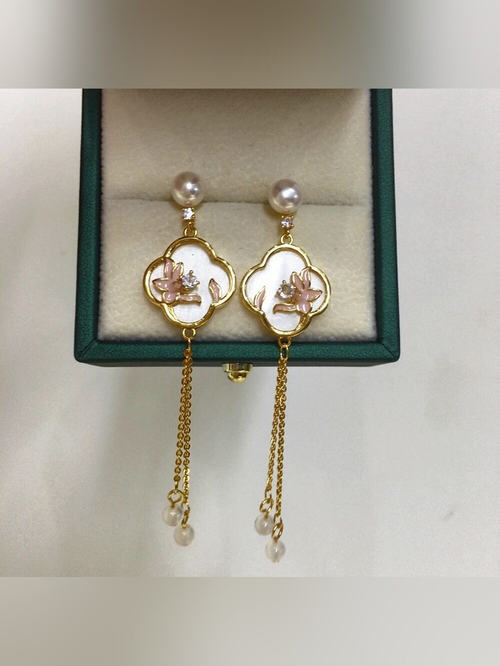 100% Natural Freshwater Drop Pearl Lotus Tassel Style Stud Long Earrings